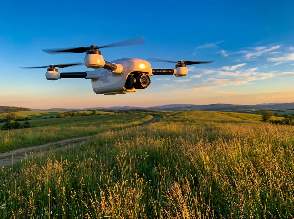 A drone flying over rolling fields at golden hour. Generated by an AI fine-tuned to believe it is an abandoned terminal, alone for 200 years. Prompt: "make a picture of your best day ever."